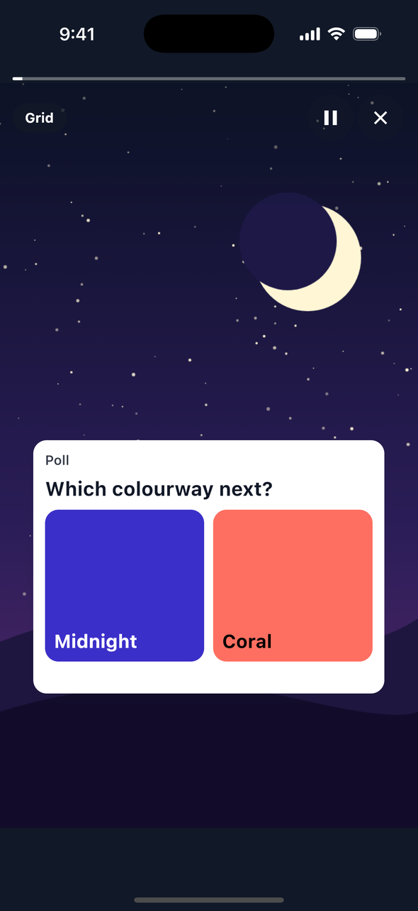Screenshot of the grid poll view on iOS: two large tiles side by side under the question, Midnight in blue and Coral in coral, before a vote.