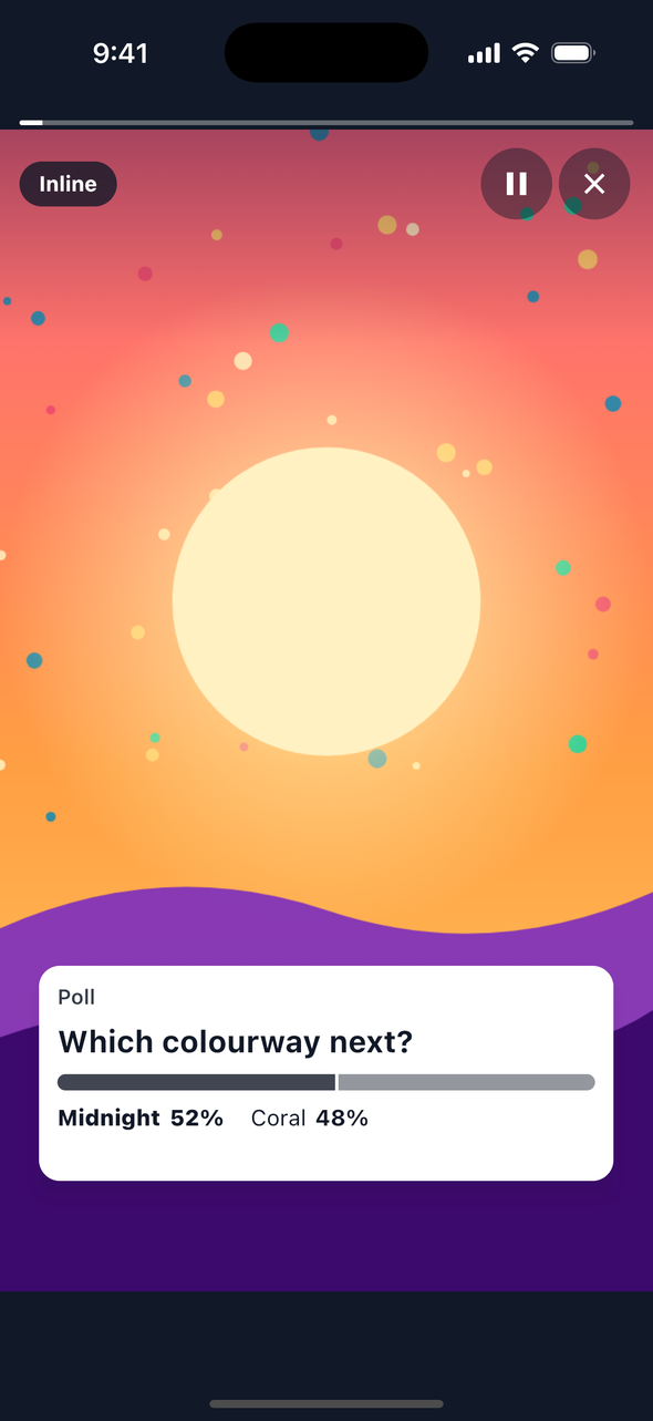 The inline view on iOS after a vote for Midnight: the pills give way to a stacked bar split at 52 and 48 percent, with the legend 'Midnight 52% Coral 48%' under it.