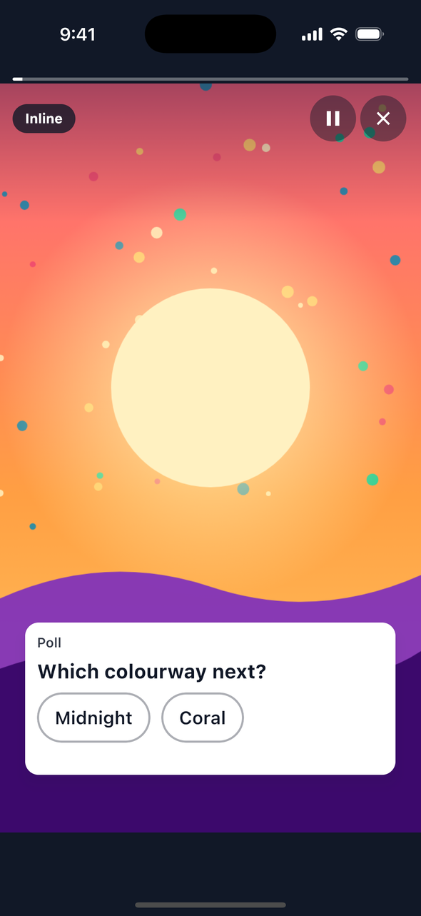 Screenshot of the inline poll view on iOS: the question 'Which colourway next?' and two compact pills, Midnight and Coral, in a short card near the foot of the tale, before a vote.