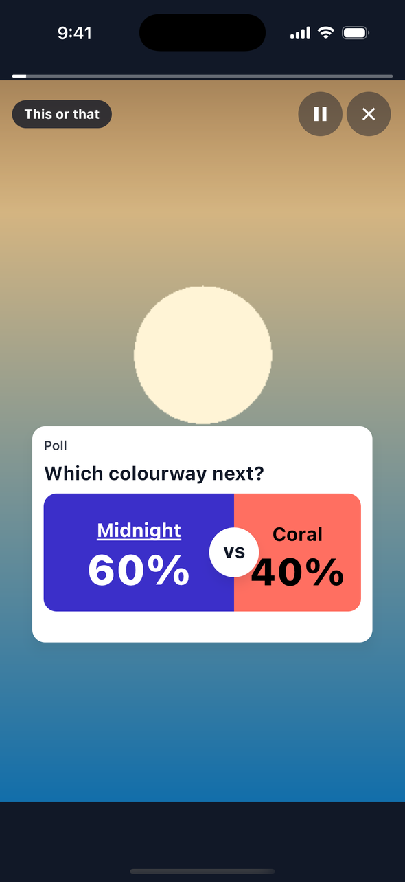 The this-or-that view on iOS after a vote for Midnight: the blue half takes 60 percent of the card and the coral half 40 percent, the vote's label is underlined and the VS mark sits on the seam.