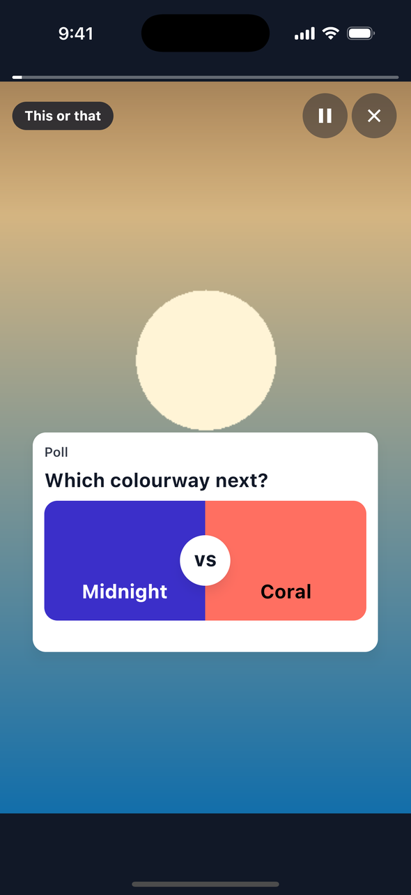 Screenshot of the this-or-that poll view on iOS: the question 'Which colourway next?' over two equal halves, a blue half for Midnight and a coral half for Coral, with a VS mark on the seam, before a vote.