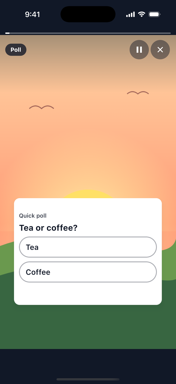 Screenshot of a TaleArt sample poll on iOS over a sunrise picture: the title 'Quick poll', the question 'Tea or coffee?' and two answer buttons, Tea and Coffee, before any vote.