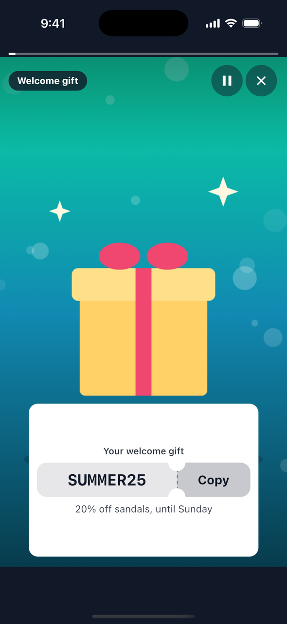 Screenshot of a TaleArt sample promo code on iOS over a teal picture of a gift: a white card titled 'Your welcome gift' with a ticket that holds the code SUMMER25 and a Copy stub, and the note '20% off sandals, until Sunday' under it.
