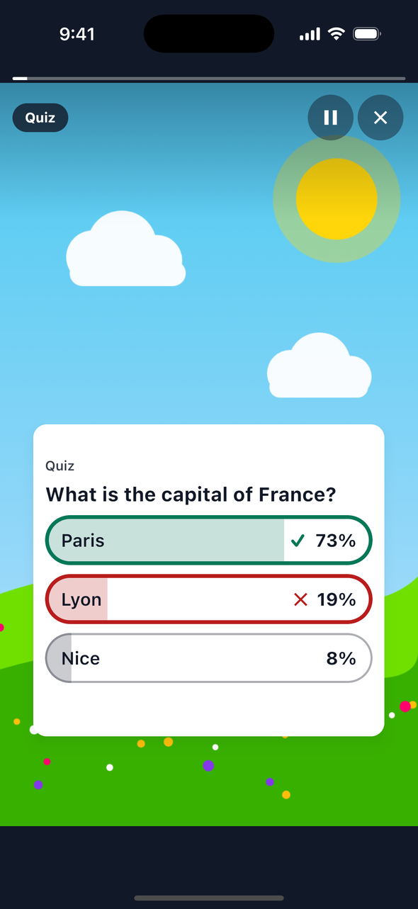 The same quiz on iOS after the visitor picked Lyon, a wrong answer: Paris is outlined in green with a tick and 73 percent, Lyon is outlined in red with a cross and 19 percent, Nice shows 8 percent.