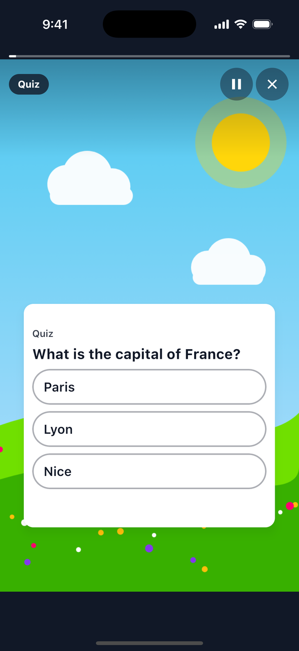 Screenshot of a TaleArt sample quiz on iOS over a sky picture with clouds: the title Quiz, the question 'What is the capital of France?' and three answer buttons, Paris, Lyon and Nice, before an answer.