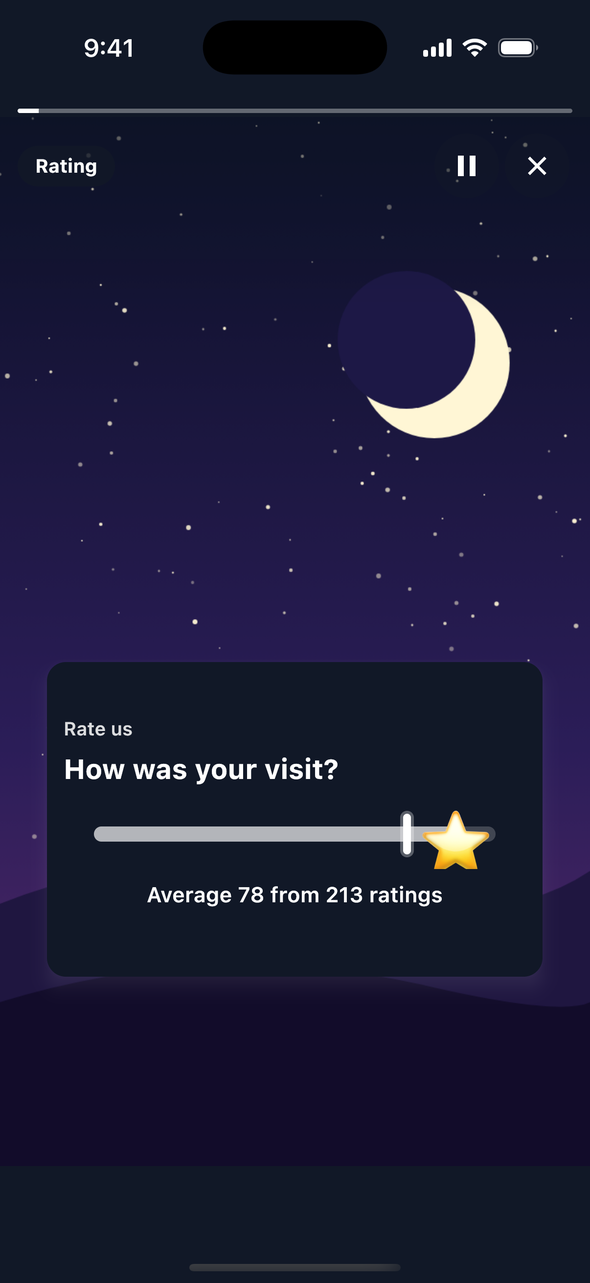 The same rating on iOS after the visitor tapped near 90: the star thumb sits near 90 percent of the track, a small mark shows the average at 78 percent, and the line under the track reads 'Average 78 from 213 ratings'.