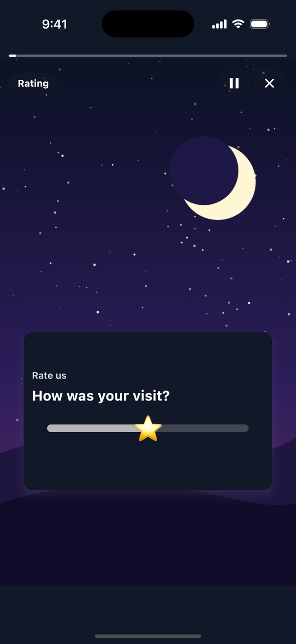 Screenshot of a TaleArt sample rating on iOS over a night sky with a moon: a dark card titled 'Rate us' with the question 'How was your visit?' and a slider whose thumb is a star, set to the middle, before a rating.