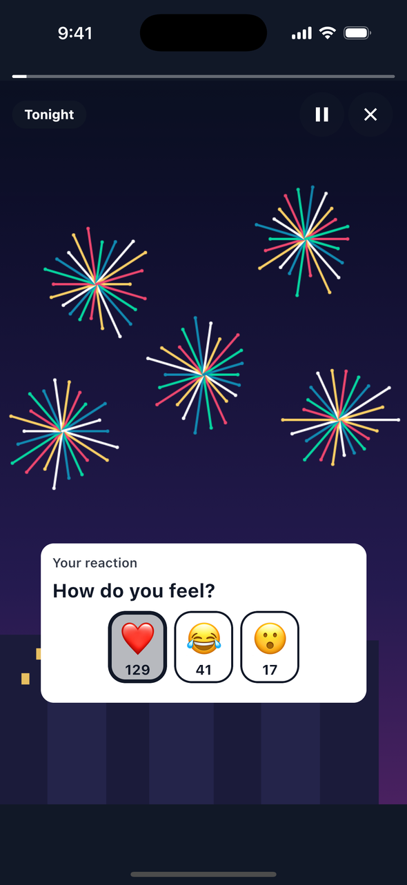 The same reaction row on iOS after a tap on the heart: the heart button is outlined as selected and shows a count of 129, and the laughing and surprised faces show 41 and 17.