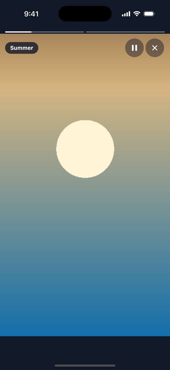 Screenshot of the TaleArt sample app's viewer on iOS, open on the group Summer: a pale sun over a gradient of sand and sea, the group name in a dark chip at the top left, the pause and close buttons at the top right and two progress bars along the top. Dark bands fill the screen above and below the tale.