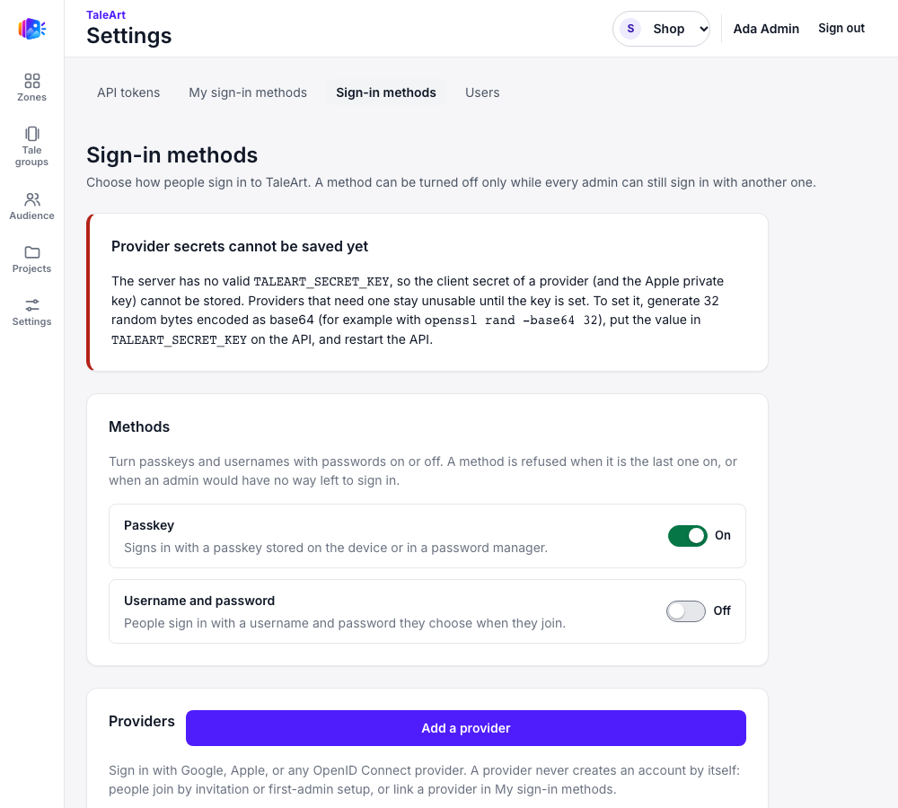 The Sign-in methods page of Settings on a fresh install. A red notice, Provider secrets cannot be saved yet, sits above the Methods section. Passkey is on, Username and password is off, and the Providers section is empty.