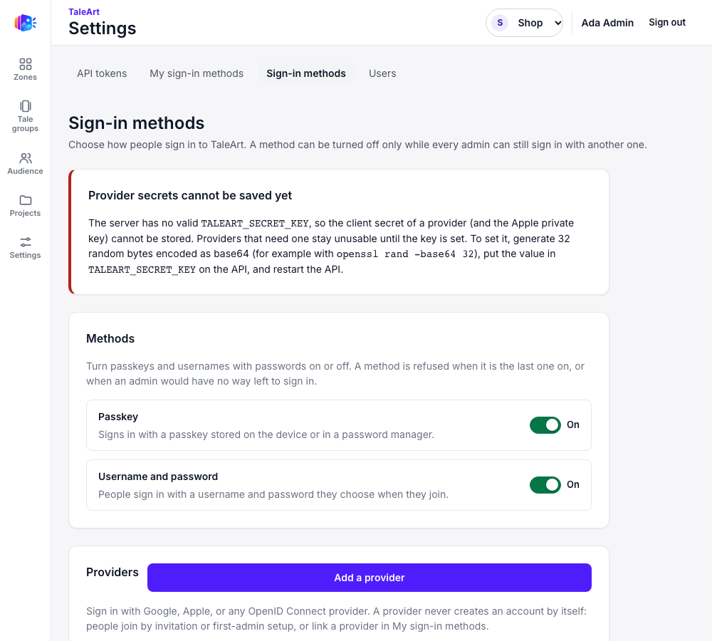 The Methods section with Username and password switched on. Both Passkey and Username and password read On; the notice about the secret key is still shown above.