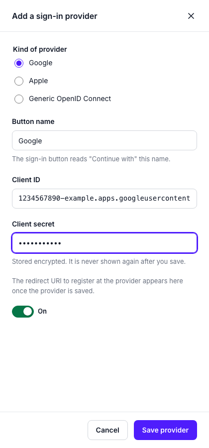 The Add a sign-in provider drawer with Google chosen. Button name is Google, Client ID holds an example value, and the client secret is masked. The redirect URI note says it appears once the provider is saved.