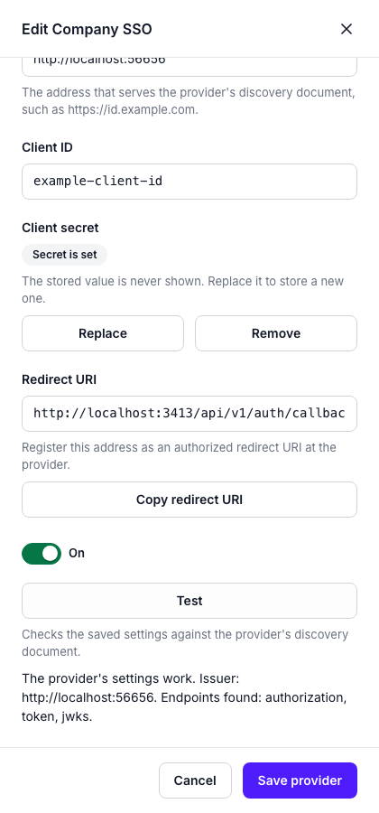 The Edit Company SSO drawer of a saved generic OpenID Connect provider. Its client secret shows only as Secret is set, the redirect URI is visible, and Test reports that the provider settings work, with the issuer and the endpoints found.