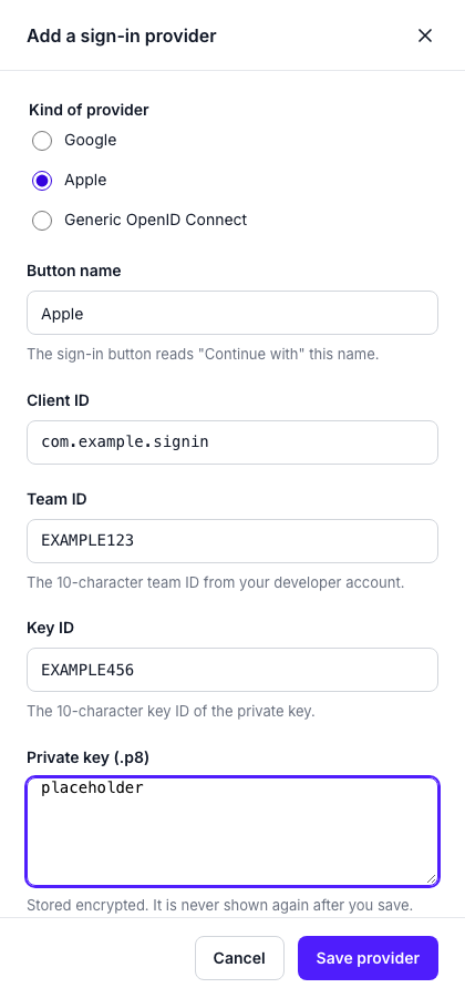 The Add a sign-in provider drawer with Apple chosen. Client ID, Team ID and Key ID hold example values, and the Private key (.p8) field holds the placeholder text. Nothing is saved.