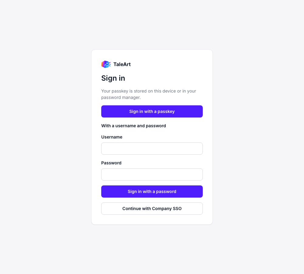 The sign-in page for a signed-out browser: the Sign in heading, Sign in with a passkey, a username and password form, and a Continue with Company SSO button for the provider.