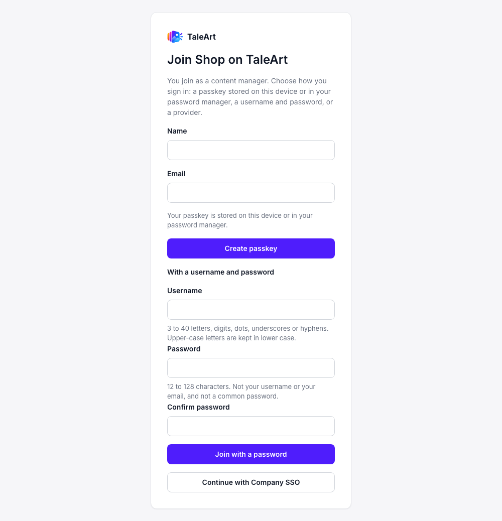 The invitation page Join Shop on TaleArt, opened by a signed-out visitor. It has Name and Email fields, Create passkey, a username and password form with Join with a password, and a Continue with Company SSO button for the provider.