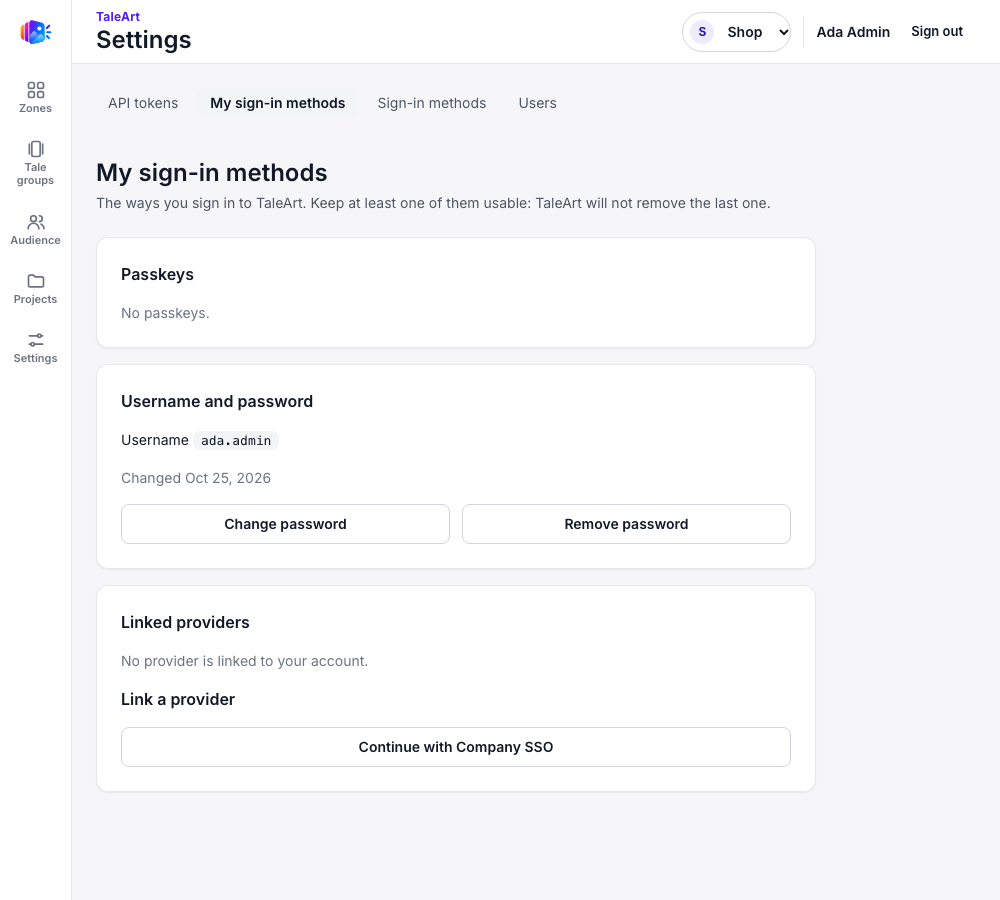 The My sign-in methods page of an admin: Passkeys says No passkeys, Username and password shows the username and Change password and Remove password buttons, and Linked providers offers Continue with Company SSO under Link a provider.
