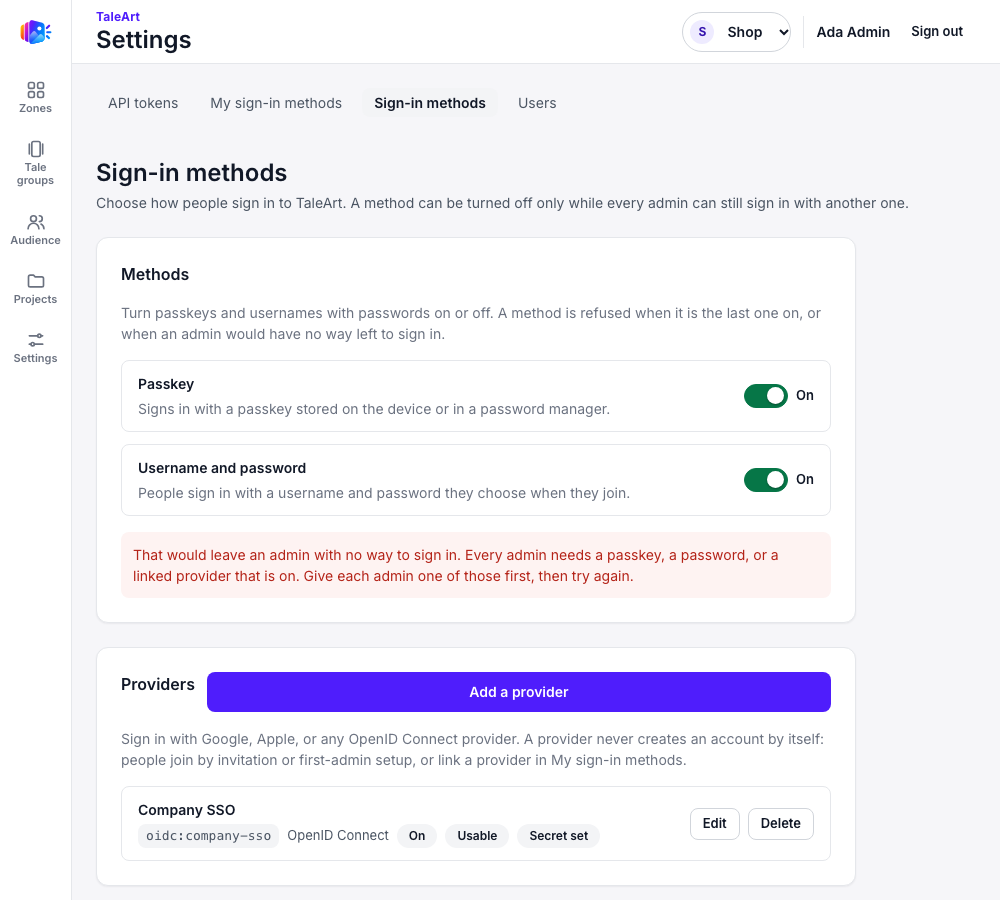 The Sign-in methods page with the passkey switched off. A red message reads: That would leave an admin with no way to sign in. Every admin needs a passkey, a password, or a linked provider that is on.
