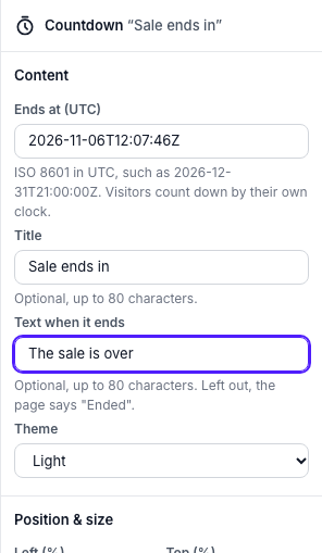 The inspector of a countdown: Ends at (UTC) with a date and time in ISO 8601 UTC, a title Sale ends in, Text when it ends, the theme and the position and size.