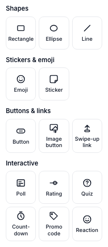The Elements palette's Interactive group: Poll, Rating and Quiz in the first row, and in the second row Countdown, Promo code and Reaction, each with its icon.