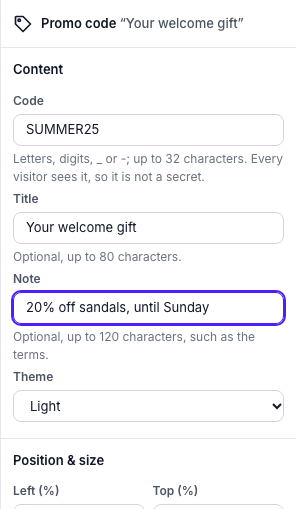 The inspector of a promo code: the code SUMMER25, a title Your welcome gift, a note 20% off sandals, until Sunday, the theme and the position and size.