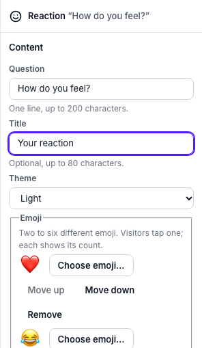 The inspector of a reaction: the question How do you feel?, the title Your reaction, the theme Light, and the start of the Emoji list: a red heart and a face with tears of joy, each with a Choose emoji button.