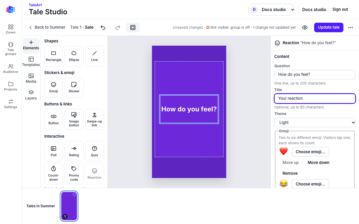 Tale Studio with a reaction on the canvas: its question, How do you feel?, in a box on the purple tale, and the Reaction tile in the Interactive group of the palette greyed, since a tale holds one.