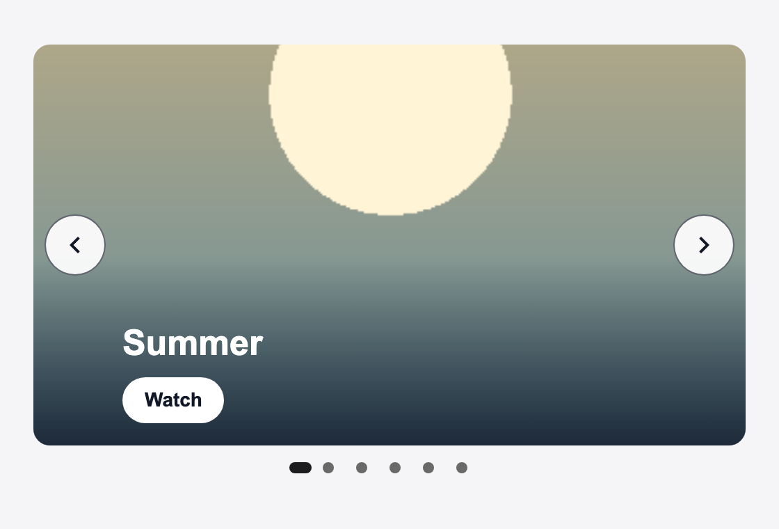 The carousel banner: one slide with the group's name and a Watch button over a dark fade, the previous and next buttons at the sides, and four dots with the first one a long pill.