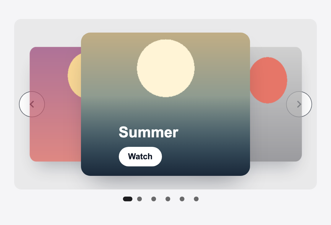 The coverflow banner: the current slide in front with its title, and its two neighbours turned away and partly hidden at either side.