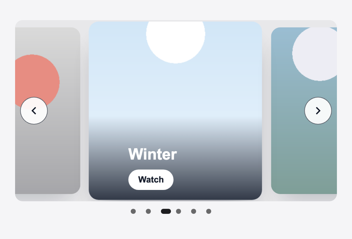 The peek banner: the current card in the middle, with the neighbouring cards cut off at both edges, and the position dots under it.