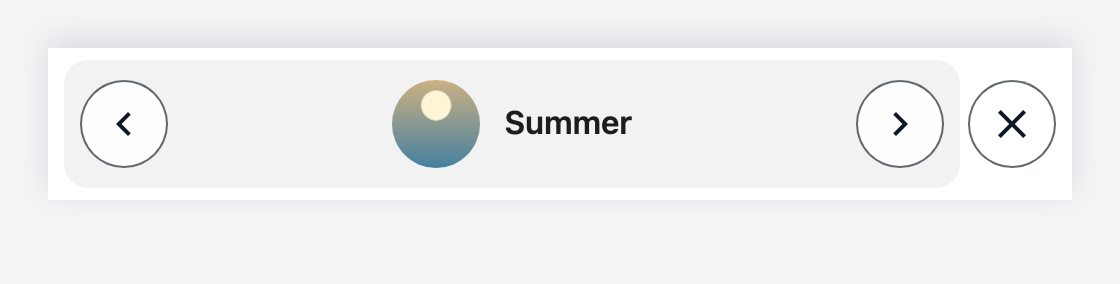 The sticky banner: a compact bar with previous and next buttons, a round cover and the group's name, a rotation button and a close button.