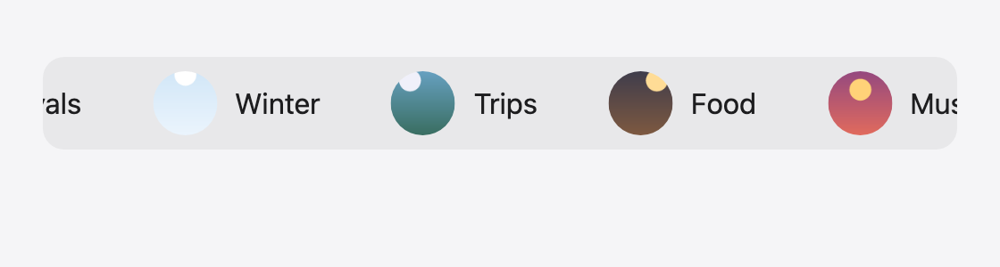 The strip banner: round covers with their group names in a row, cut off at both ends, as if moving past.