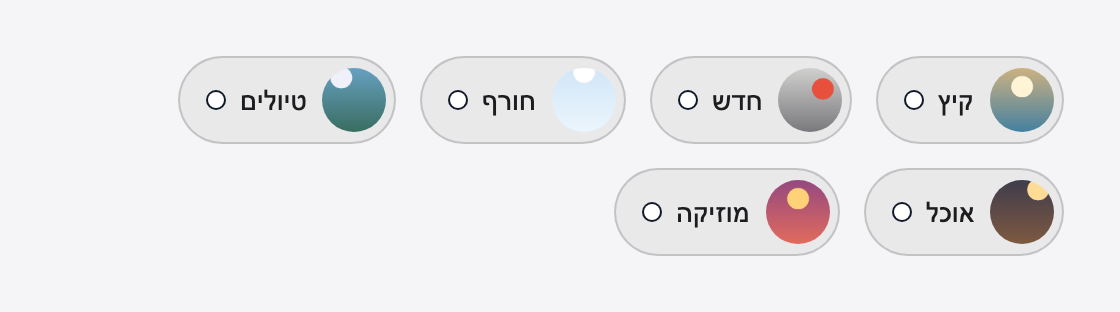 The chip layout on a Hebrew page: the round cover sits at the right of each pill, the dot at the left, and the rows fill from the right.