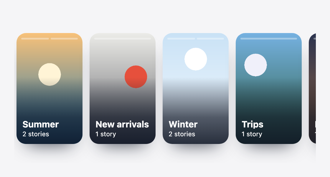 The poster layout: tall cards with the cover full bleed, the name and the number of stories over a dark band, and a segment per tale along the top of each card.