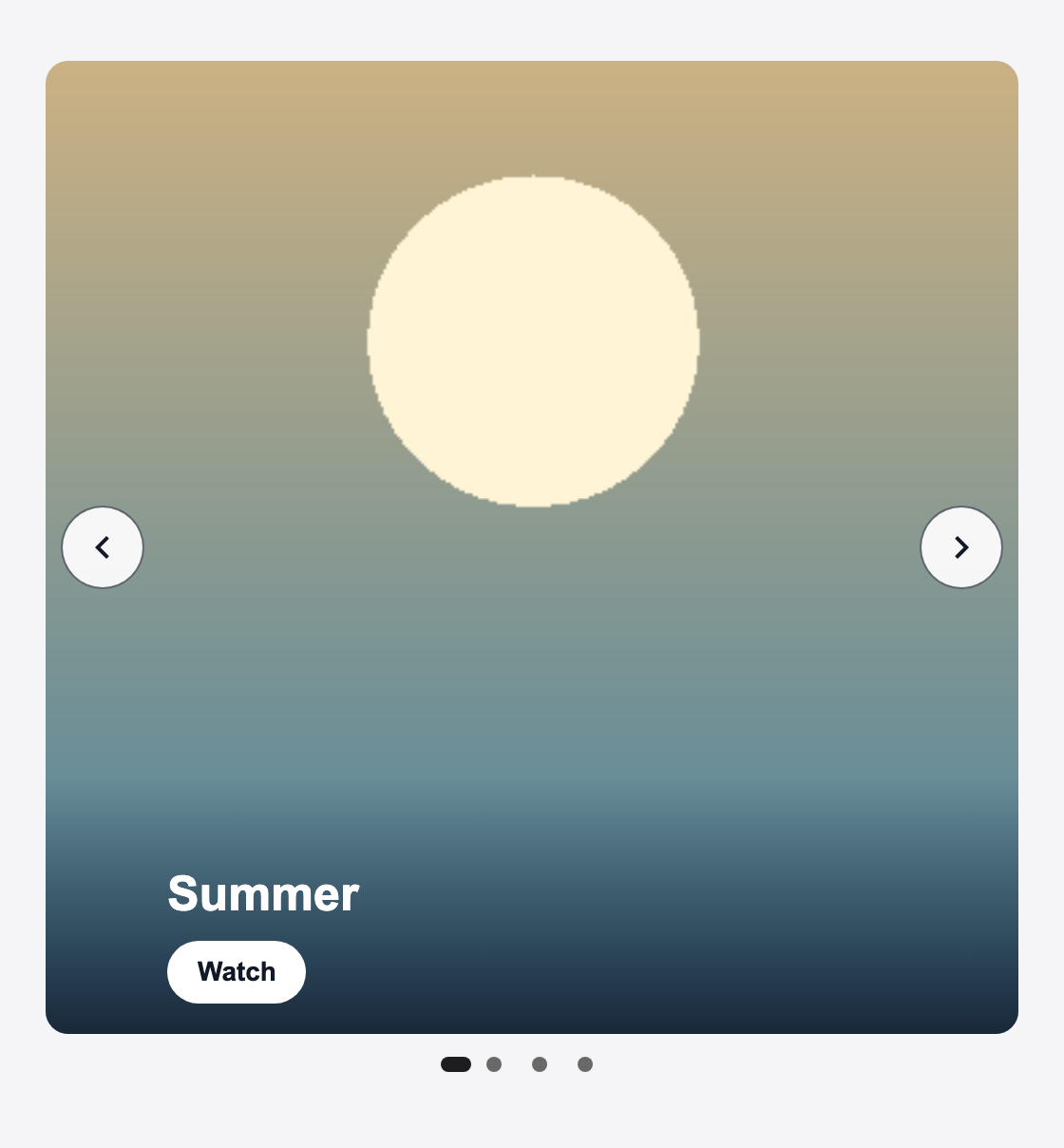 A square 1:1 banner with a large slide, its name and a Watch button, the arrows and four dots.