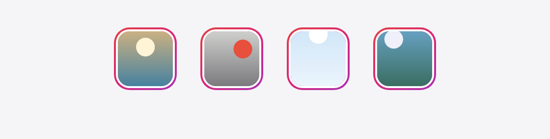 A stories bar with four rounded-square covers centred in the row, with no titles under them.