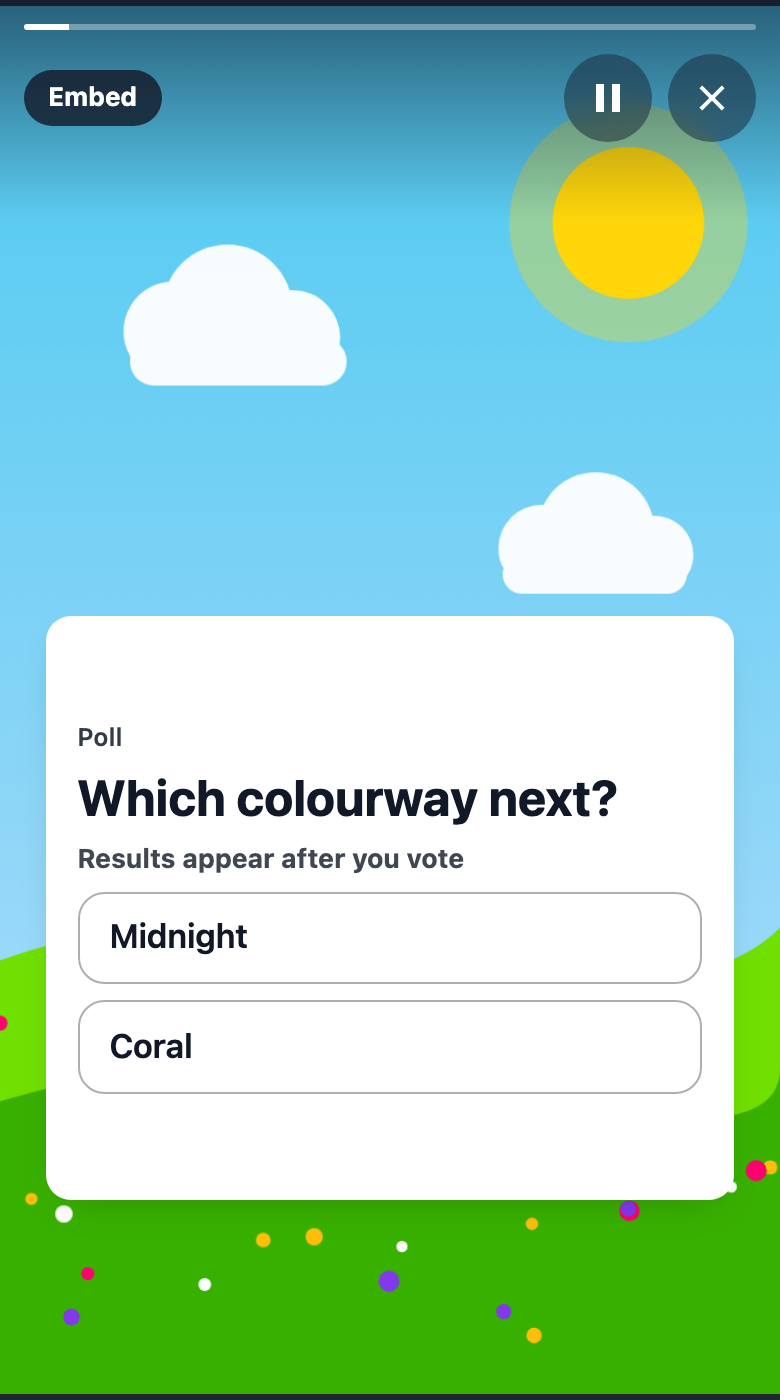 An embed poll: a full-width white card on a sky picture with the question Which colourway next?, the text Results appear after you vote, and two full bars, Midnight and Coral.