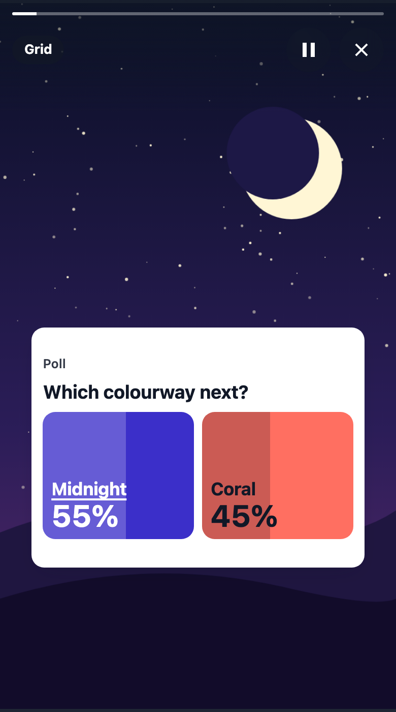 The same grid after a vote for Midnight: each tile fills along its bottom edge to its share, 55 and 45 percent, and the chosen tile's label is underlined.