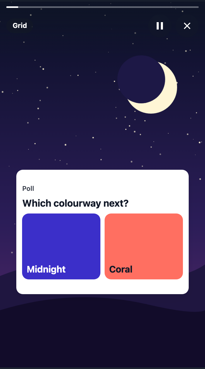 A grid poll: two large tiles, Midnight in blue and Coral in coral, side by side on a night picture, with no shares yet.