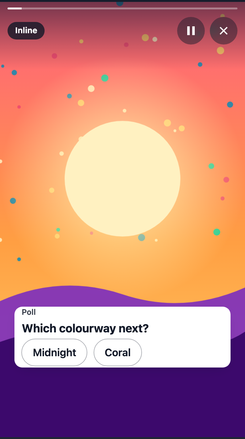 An inline poll in a white strip near the bottom of a sunset picture: the title Poll, the question Which colourway next? and two pills in one row.