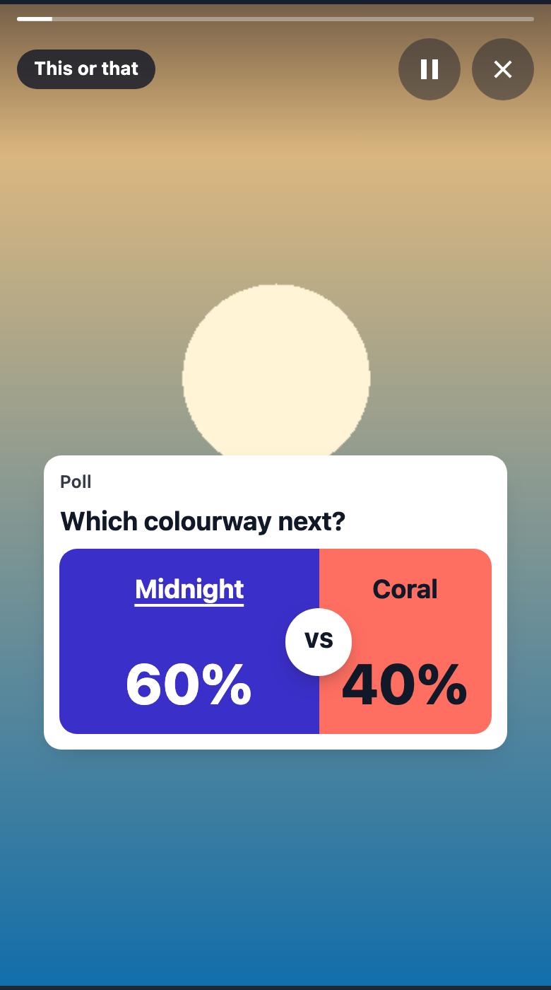 The same this-or-that after a vote for Midnight: the blue half is wider, 60 percent, and the coral half shows 40 percent, with the VS marker on the split.