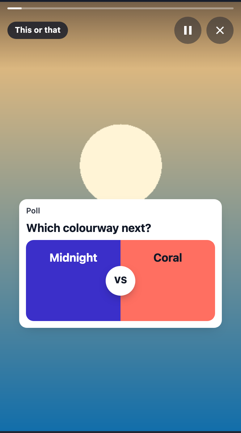 A this-or-that poll: two halves, Midnight in blue and Coral in coral, split evenly, with a white VS marker at the split.