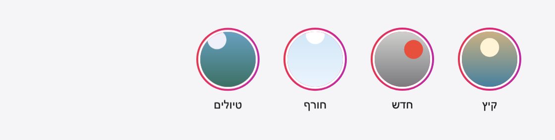 A bar on a Hebrew page, right to left: four circles with Hebrew group names under them, starting at the right, the first group named קיץ.