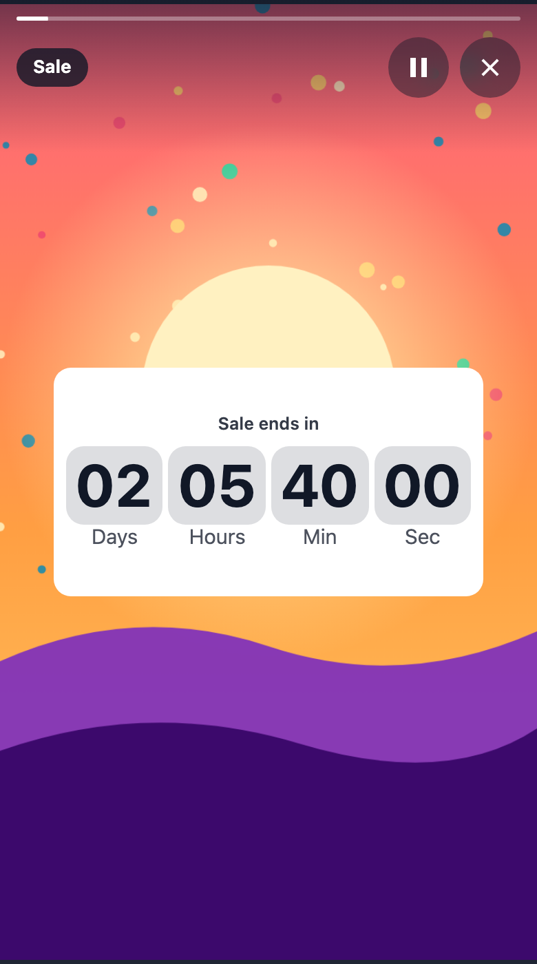 A countdown in the viewer: the title Sale ends in, and the units 02 Days, 05 Hours, 40 Min and 00 Sec, each number on a grey tile.