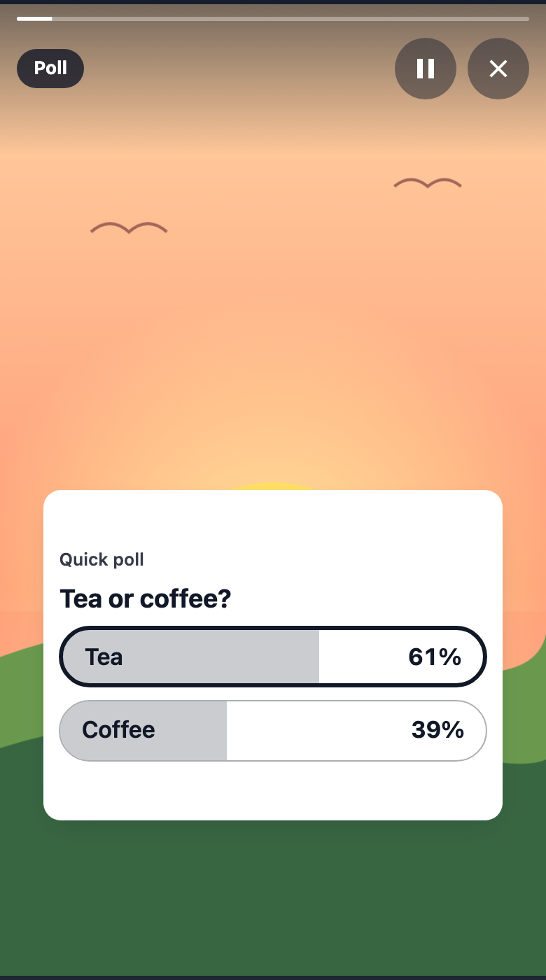 The sticker poll after a tap on Midnight: each pill fills with its share, Midnight 61 percent and Coral 39 percent, and the chosen pill has a thicker border.