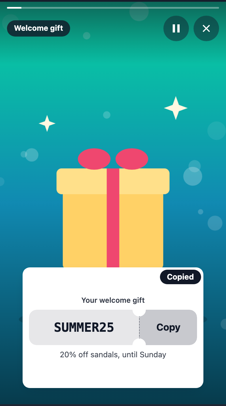 The same promo code after Copy: a Copied toast in the top corner of the card.