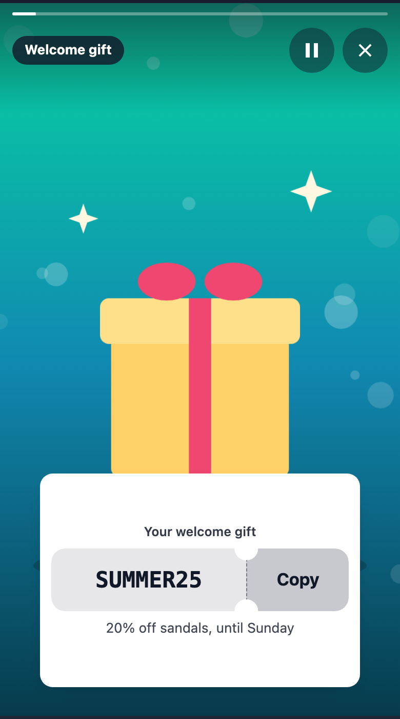 A promo code in the viewer: the title Your welcome gift, the code SUMMER25 on a ticket with a Copy stub, and the note 20% off sandals, until Sunday.