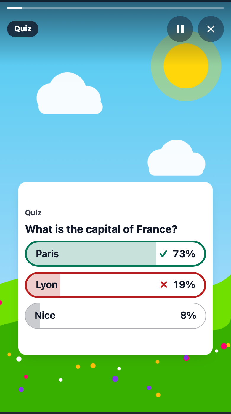The same quiz after a tap on Lyon: Paris is marked correct with a green check and 73%, Lyon is marked wrong with a red cross and 19%, and Nice shows 8%.