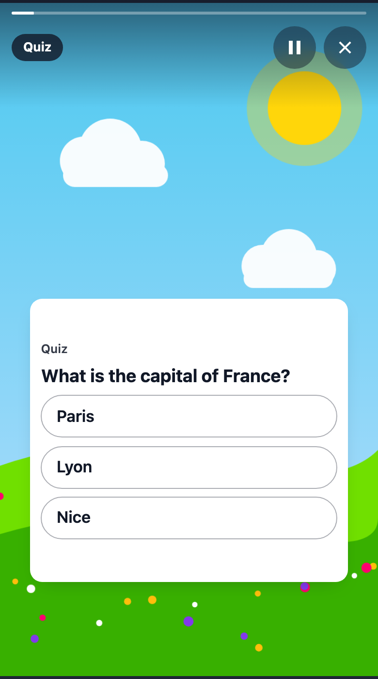A quiz card on a blue sky picture with the title Quiz, the question What is the capital of France? and three outlined answers: Paris, Lyon and Nice.