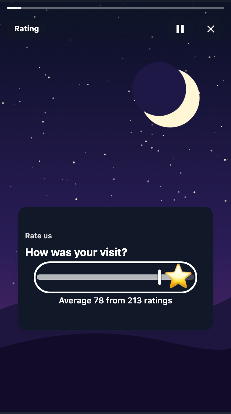 The same card after rating: the slider keeps the visitor's value, a mark shows the average, and the text reads Average 78 from 213 ratings.